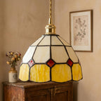 Cream and Yellow Domed Handmade Tiffany-Inspired Pendant Light with Red Diamond Details - view 10