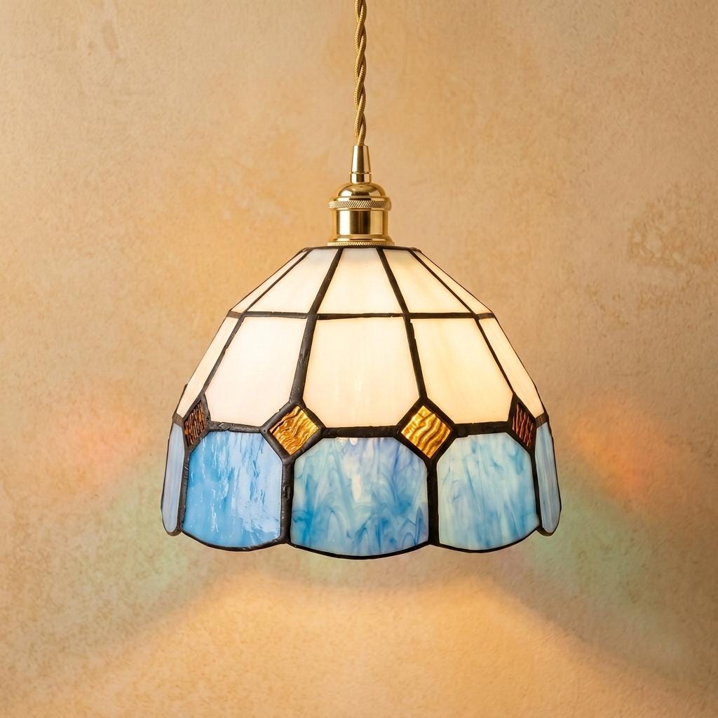 Cream and Blue Domed Handmade Tiffany-Inspired Pendant Light with Amber-Tone Diamond Motifs by AuroraeGlass