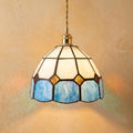 Cream and Blue Domed Handmade Tiffany-Inspired Pendant Light with Amber-Tone Diamond Motifs by AuroraeGlass