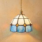 Cream and Blue Domed Handmade Tiffany-Inspired Pendant Light with Amber-Tone Diamond Motifs by AuroraeGlass