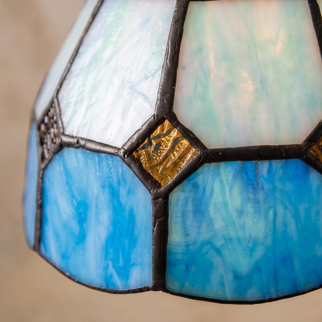Cream and Blue Domed Handmade Tiffany-Inspired Pendant Light with Amber-Tone Diamond Motifs - view 2
