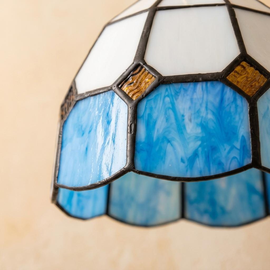 Cream and Blue Domed Handmade Tiffany-Inspired Pendant Light with Amber-Tone Diamond Motifs - view 3