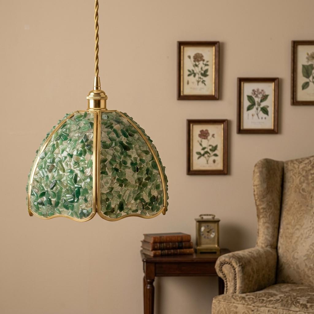 Deep Green Pebble-Pattern Handmade Tiffany-Inspired Pendant Light with Petal-Panel Dome - view 9