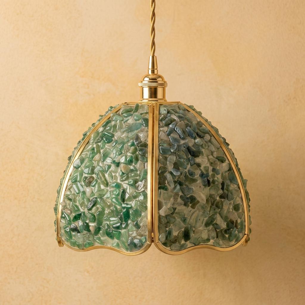 Deep Green Pebble-Pattern Handmade Tiffany-Inspired Pendant Light with Petal-Panel Dome - view 5