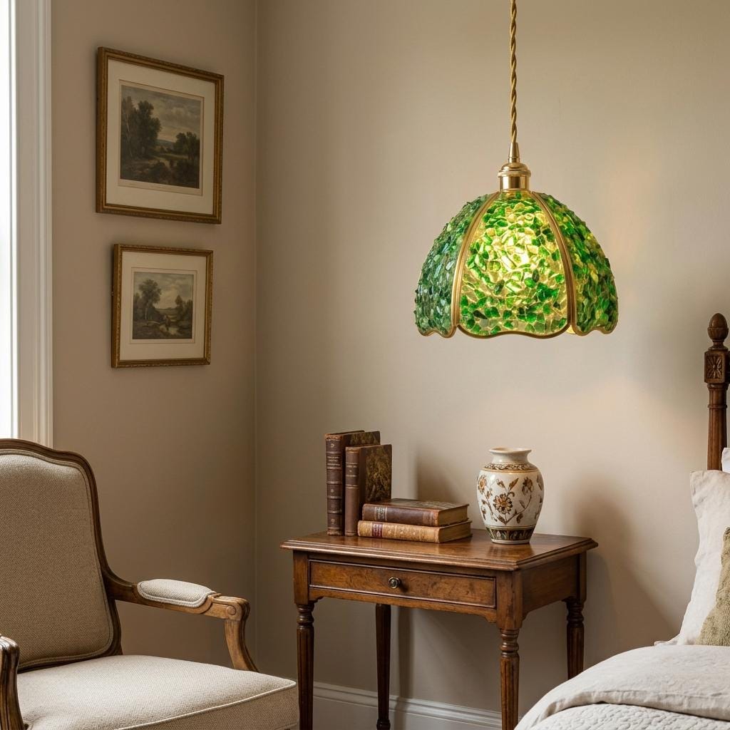 Deep Green Pebble-Pattern Handmade Tiffany-Inspired Pendant Light with Petal-Panel Dome - view 8