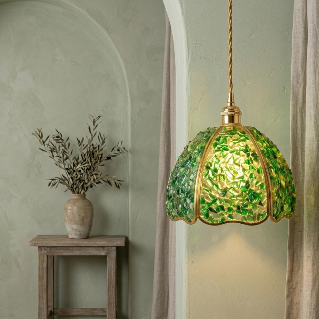 Deep Green Pebble-Pattern Handmade Tiffany-Inspired Pendant Light with Petal-Panel Dome - view 6