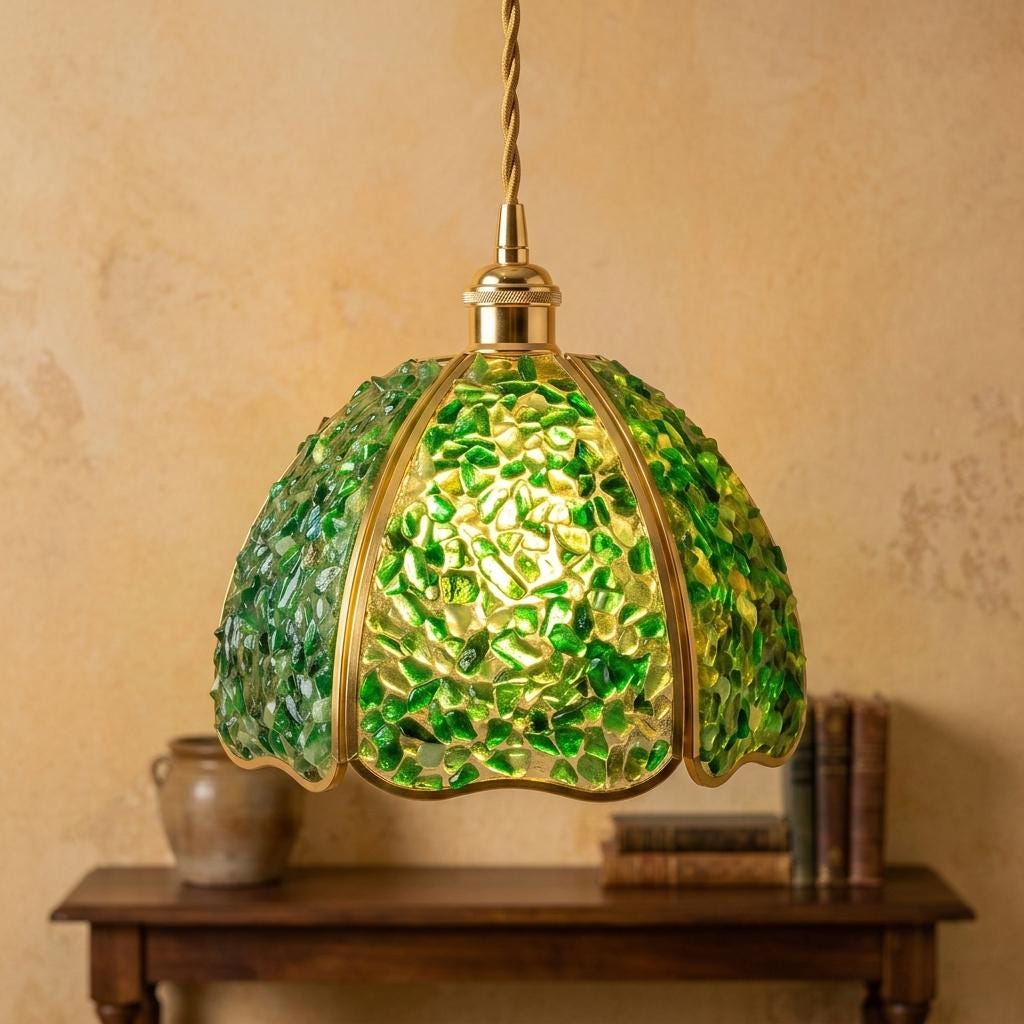 Deep Green Pebble-Pattern Handmade Tiffany-Inspired Pendant Light with Petal-Panel Dome - view 10