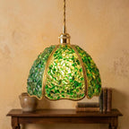 Deep Green Pebble-Pattern Handmade Tiffany-Inspired Pendant Light with Petal-Panel Dome - view 10