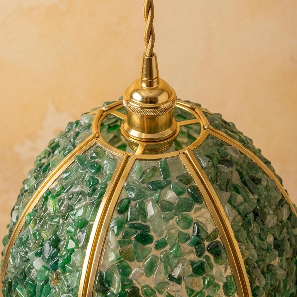 Deep Green Pebble-Pattern Handmade Tiffany-Inspired Pendant Light with Petal-Panel Dome - view 4