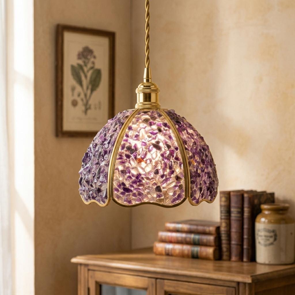 Deep Purple Pebble-Pattern Handmade Tiffany-Inspired Pendant Light with Petal-Panel Dome - view 10