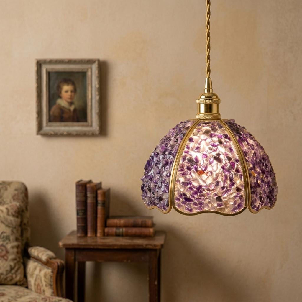 Deep Purple Pebble-Pattern Handmade Tiffany-Inspired Pendant Light with Petal-Panel Dome - view 8