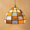 Multicolor Patchwork Domed Handmade Tiffany-Inspired Pendant Light with Blue and Orange Grid Panels by AuroraeGlass