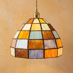 Multicolor Patchwork Domed Handmade Tiffany-Inspired Pendant Light with Blue and Orange Grid Panels by AuroraeGlass