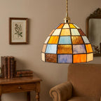 Multicolor Patchwork Domed Handmade Tiffany-Inspired Pendant Light with Blue and Orange Grid Panels - view 8