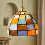 Multicolor Patchwork Domed Handmade Tiffany-Inspired Pendant Light with Blue and Orange Grid Panels - view 6