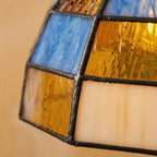 Multicolor Patchwork Domed Handmade Tiffany-Inspired Pendant Light with Blue and Orange Grid Panels - view 2