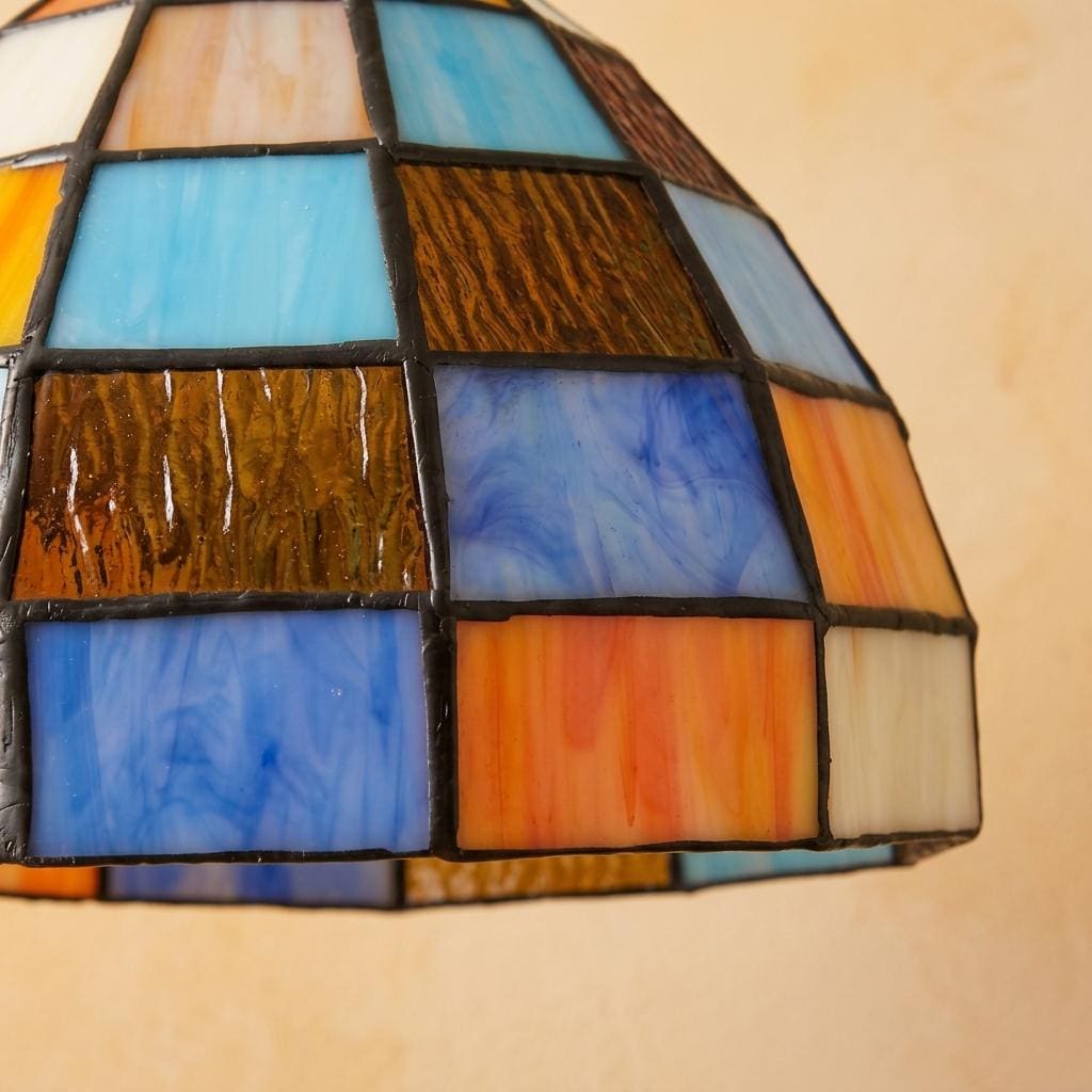 Multicolor Patchwork Domed Handmade Tiffany-Inspired Pendant Light with Blue and Orange Grid Panels - view 3