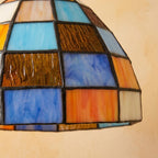 Multicolor Patchwork Domed Handmade Tiffany-Inspired Pendant Light with Blue and Orange Grid Panels - view 3