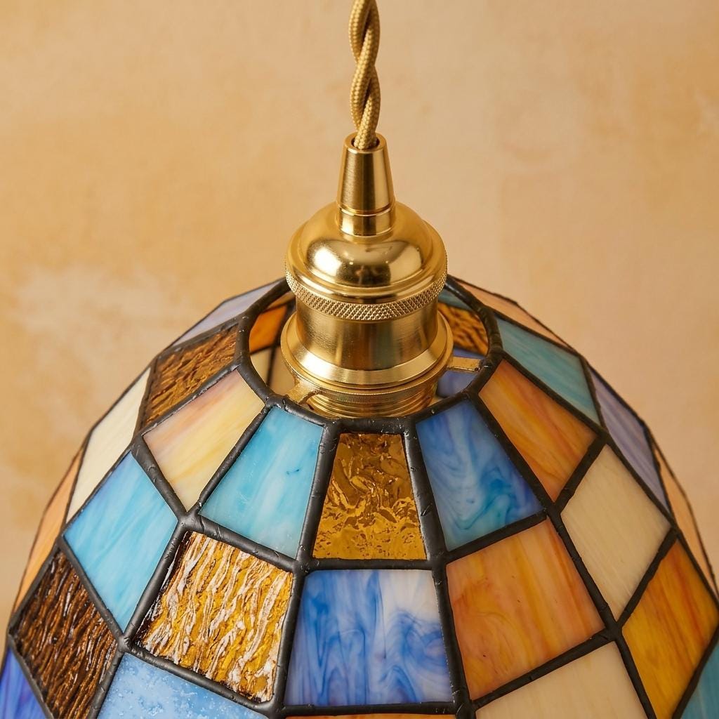 Multicolor Patchwork Domed Handmade Tiffany-Inspired Pendant Light with Blue and Orange Grid Panels - view 4