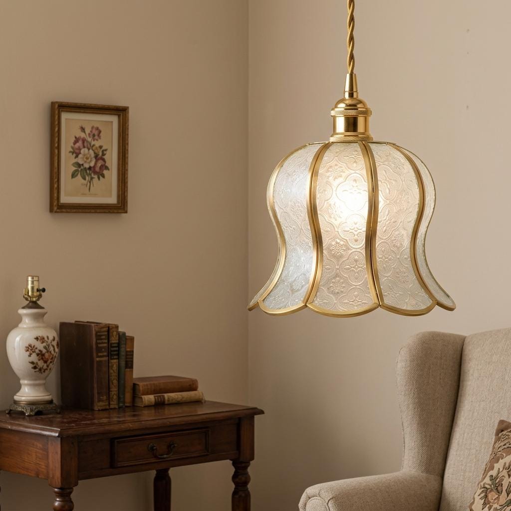 Handmade Clear-Look Tiffany-Inspired Pendant Light, Embossed-Look Bell with Scalloped Edge - view 8