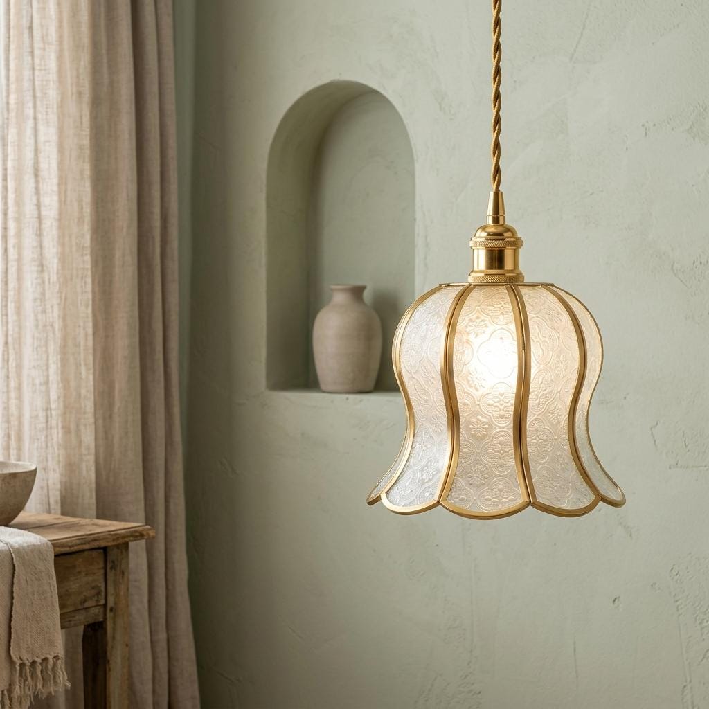 Handmade Clear-Look Tiffany-Inspired Pendant Light, Embossed-Look Bell with Scalloped Edge - view 6