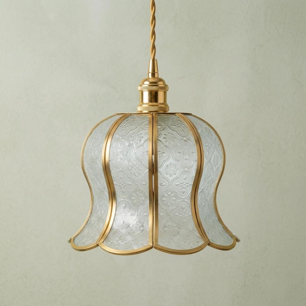 Handmade Clear-Look Tiffany-Inspired Pendant Light, Embossed-Look Bell with Scalloped Edge - view 5