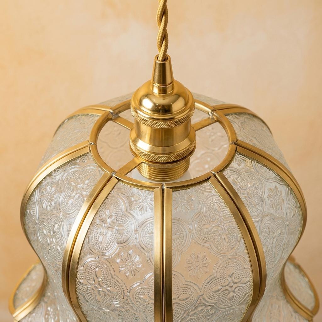 Handmade Clear-Look Tiffany-Inspired Pendant Light, Embossed-Look Bell with Scalloped Edge - view 4