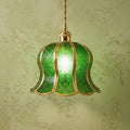 Handmade Green Tiffany-Inspired Pendant Light, Embossed-Look Bell with Scalloped Edge by AuroraeGlass