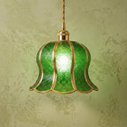 Handmade Green Tiffany-Inspired Pendant Light, Embossed-Look Bell with Scalloped Edge by AuroraeGlass