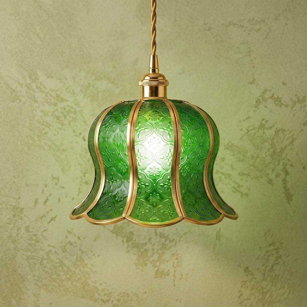 Handmade Green Tiffany-Inspired Pendant Light, Embossed-Look Bell with Scalloped Edge by AuroraeGlass