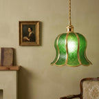 Handmade Green Tiffany-Inspired Pendant Light, Embossed-Look Bell with Scalloped Edge - view 8