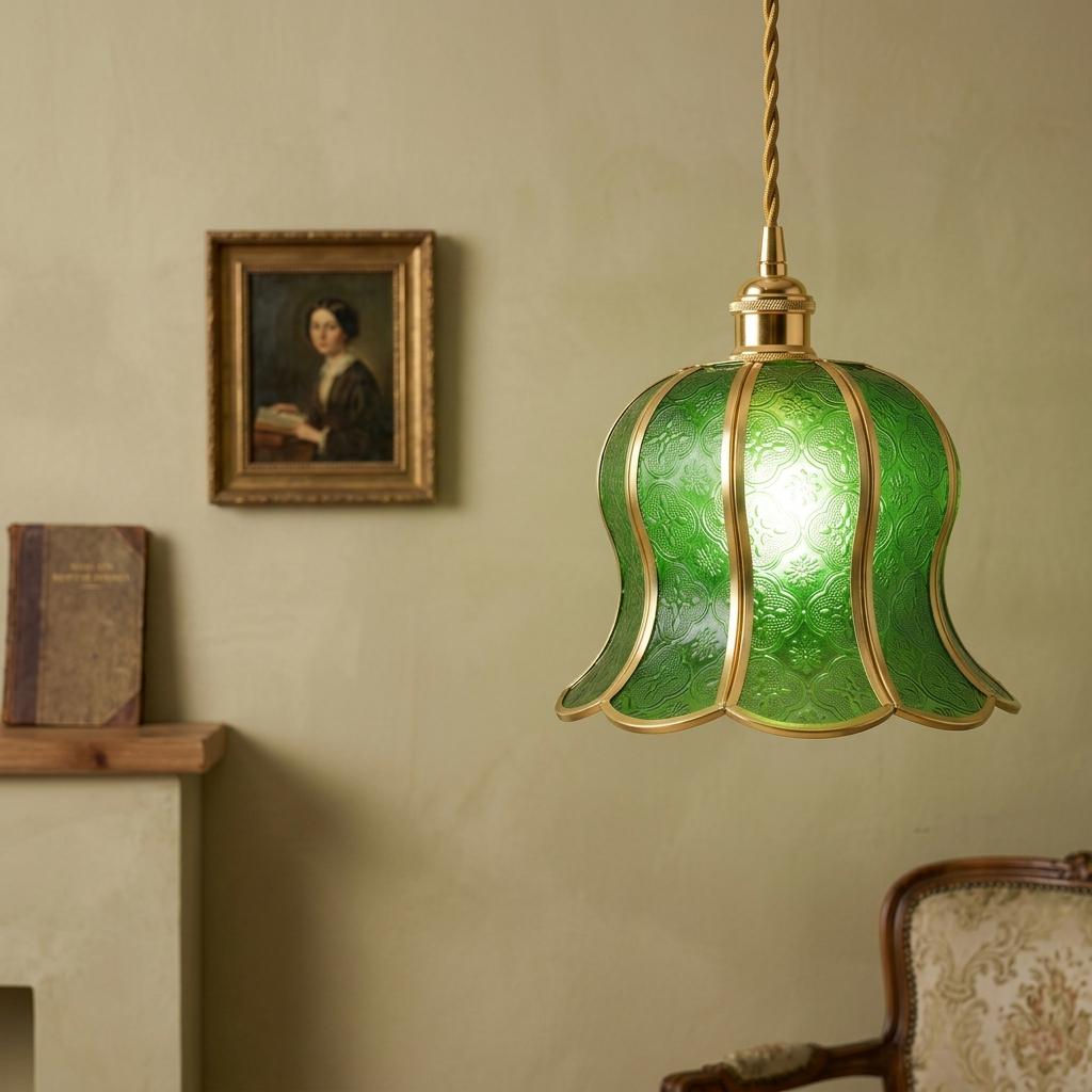 Handmade Green Tiffany-Inspired Pendant Light, Embossed-Look Bell with Scalloped Edge - view 8