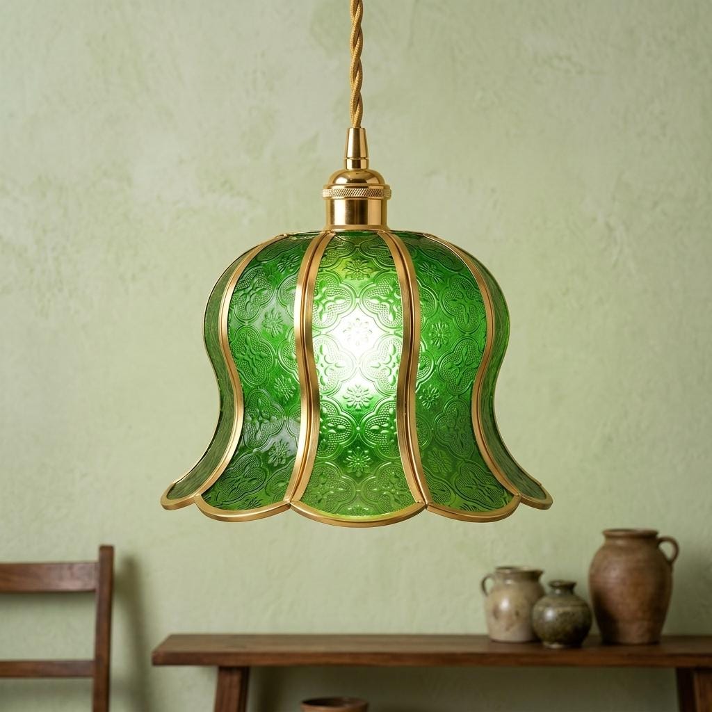 Handmade Green Tiffany-Inspired Pendant Light, Embossed-Look Bell with Scalloped Edge - view 10