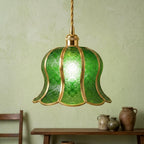 Handmade Green Tiffany-Inspired Pendant Light, Embossed-Look Bell with Scalloped Edge - view 10