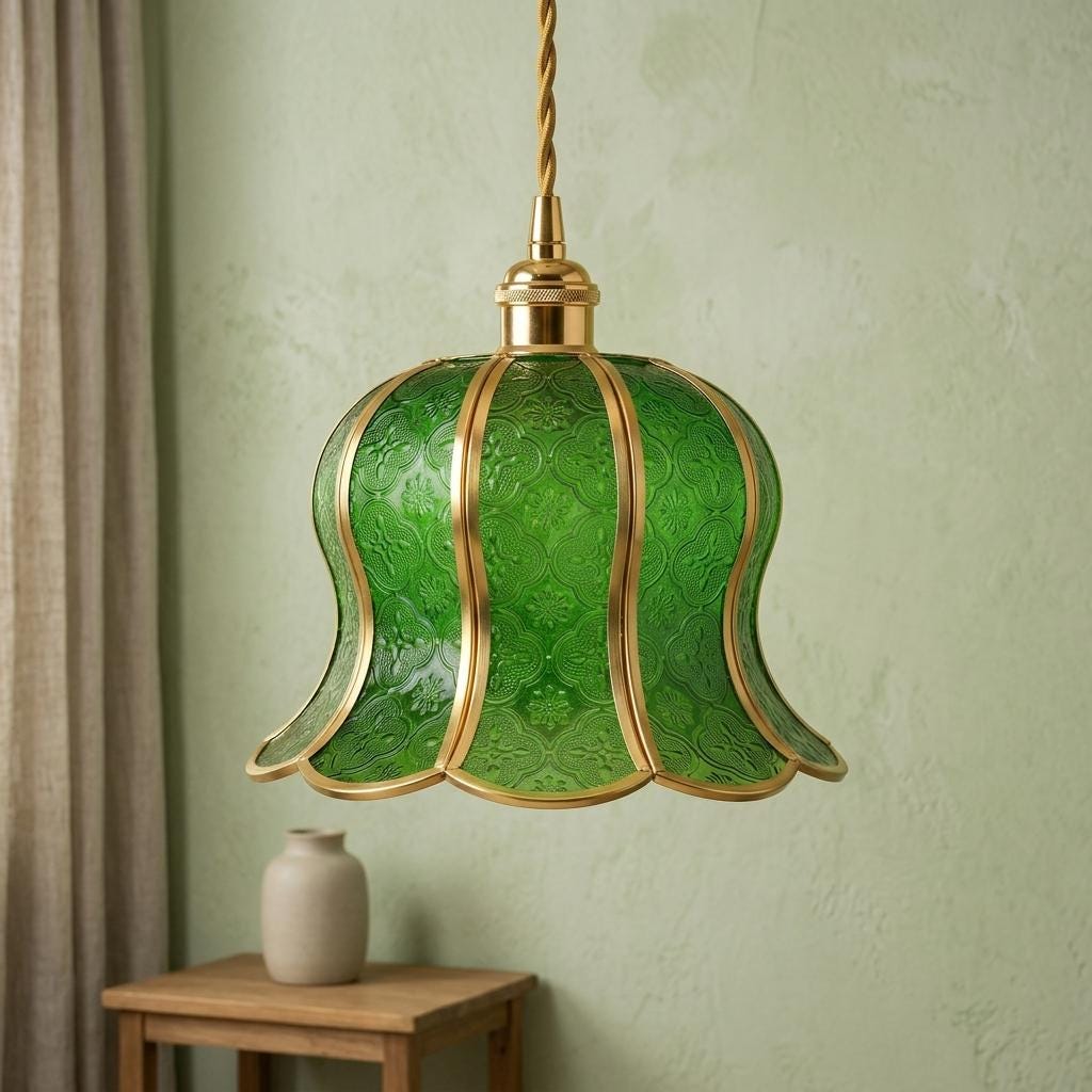 Handmade Green Tiffany-Inspired Pendant Light, Embossed-Look Bell with Scalloped Edge - view 7