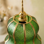Handmade Green Tiffany-Inspired Pendant Light, Embossed-Look Bell with Scalloped Edge - view 4