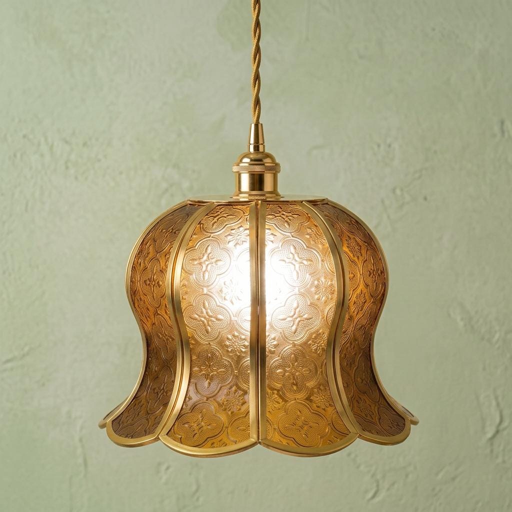 Handmade Warm Brown Tiffany-Inspired Pendant Light, Embossed-Look Bell with Scalloped Edge by AuroraeGlass