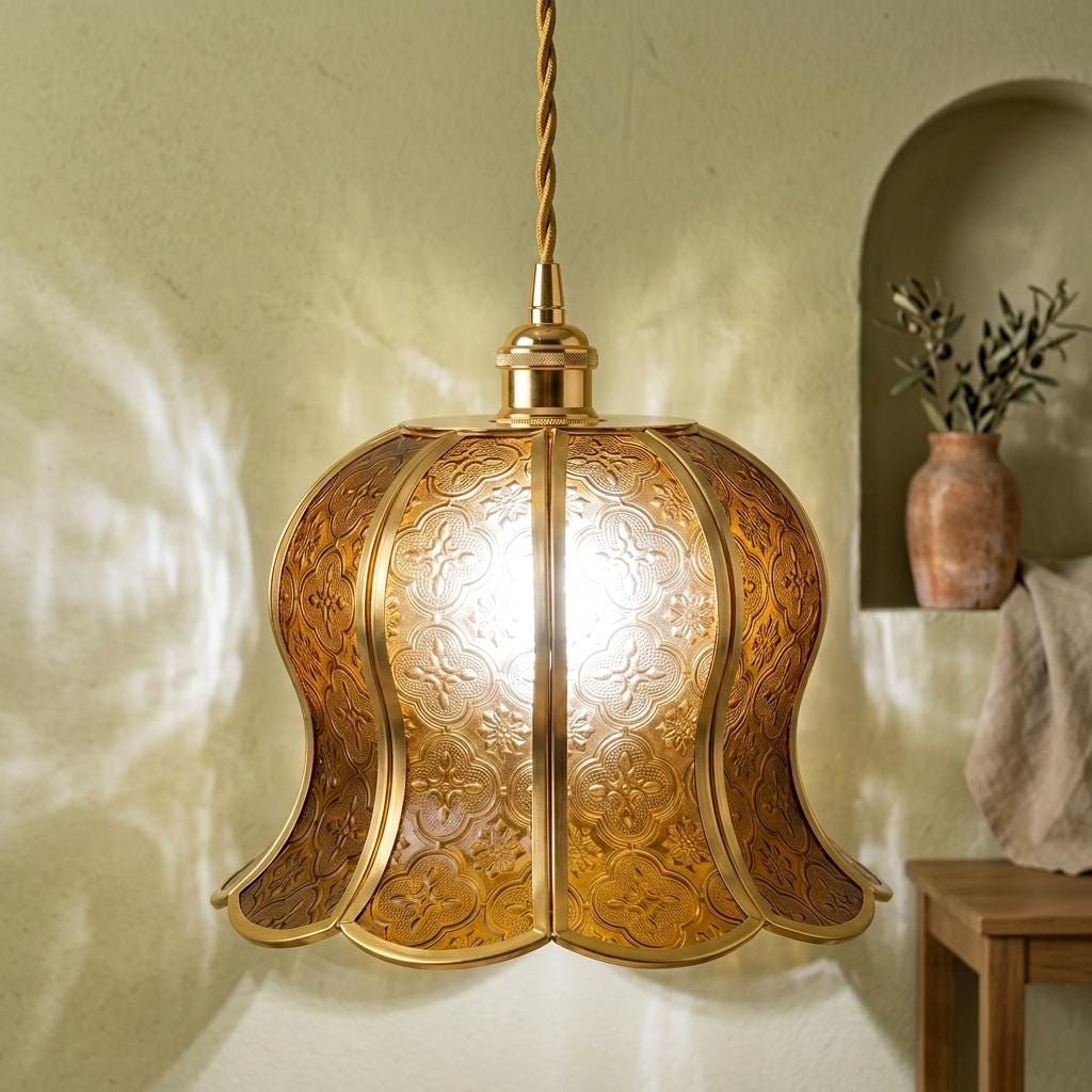 Handmade Warm Brown Tiffany-Inspired Pendant Light, Embossed-Look Bell with Scalloped Edge - view 6