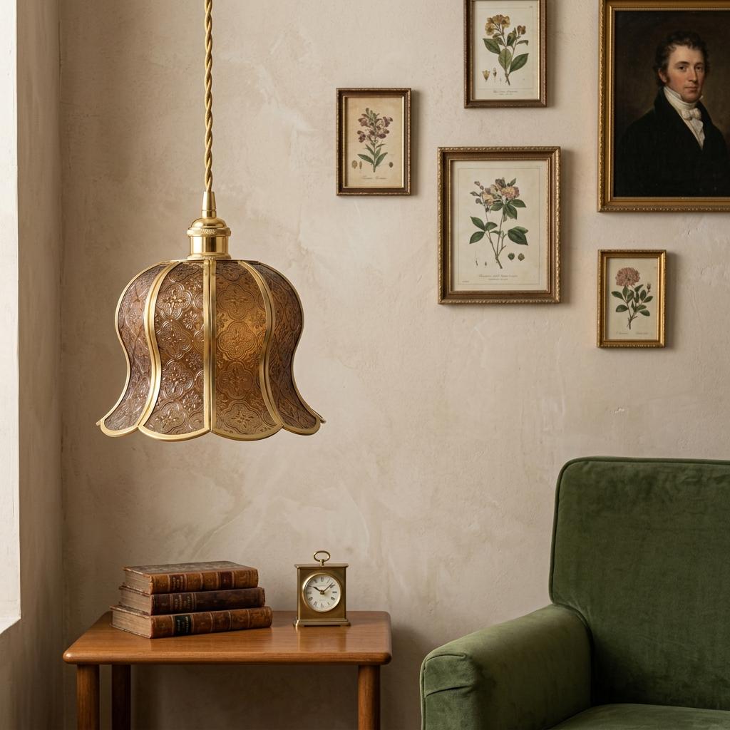 Handmade Warm Brown Tiffany-Inspired Pendant Light, Embossed-Look Bell with Scalloped Edge - view 9