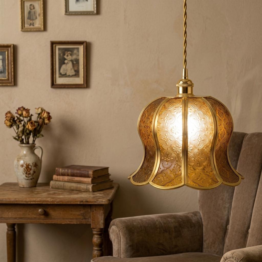 Handmade Warm Brown Tiffany-Inspired Pendant Light, Embossed-Look Bell with Scalloped Edge - view 8