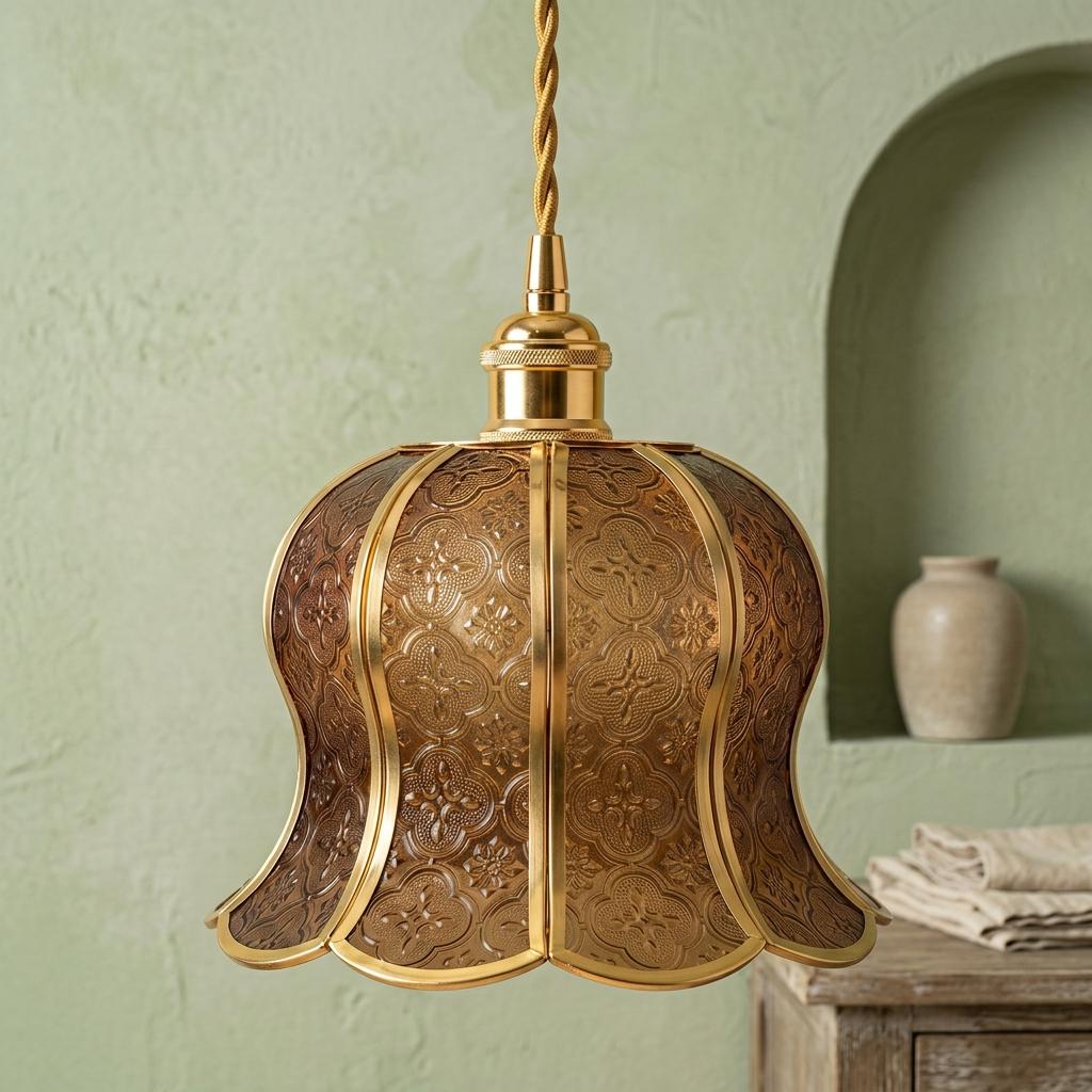 Handmade Warm Brown Tiffany-Inspired Pendant Light, Embossed-Look Bell with Scalloped Edge - view 7