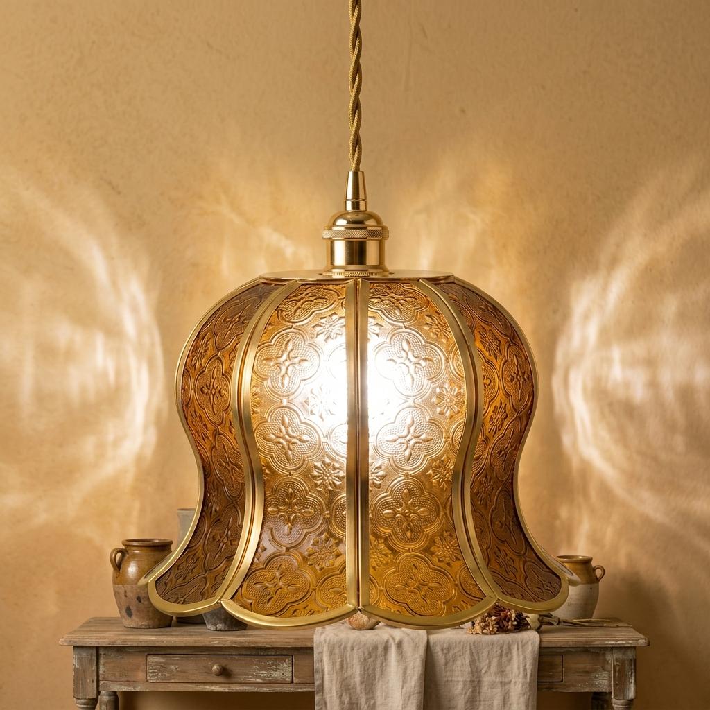 Handmade Warm Brown Tiffany-Inspired Pendant Light, Embossed-Look Bell with Scalloped Edge - view 10
