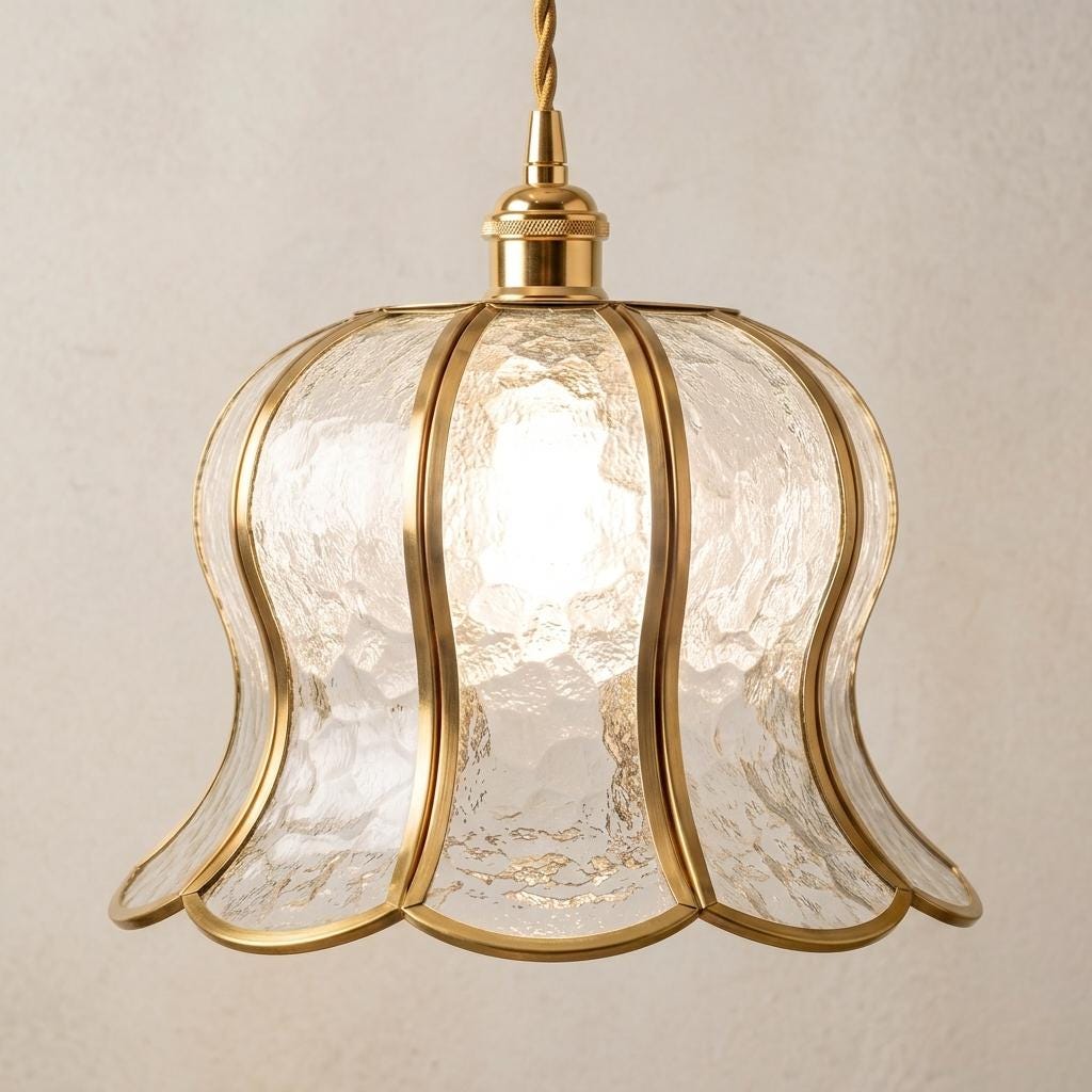Handmade Clear-Look Tiffany-Inspired Pendant Light, Textured-Look Bell with Scalloped Edge by AuroraeGlass