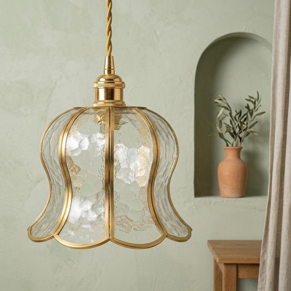 Handmade Clear-Look Tiffany-Inspired Pendant Light, Textured-Look Bell with Scalloped Edge - view 7
