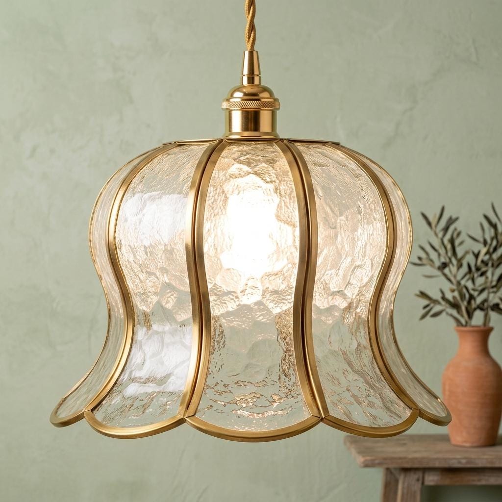 Handmade Clear-Look Tiffany-Inspired Pendant Light, Textured-Look Bell with Scalloped Edge - view 6