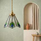 Green and Blue Feather-Eye Tiffany-Inspired Pendant Light, Pointed Scalloped Bell, Handmade - view 6