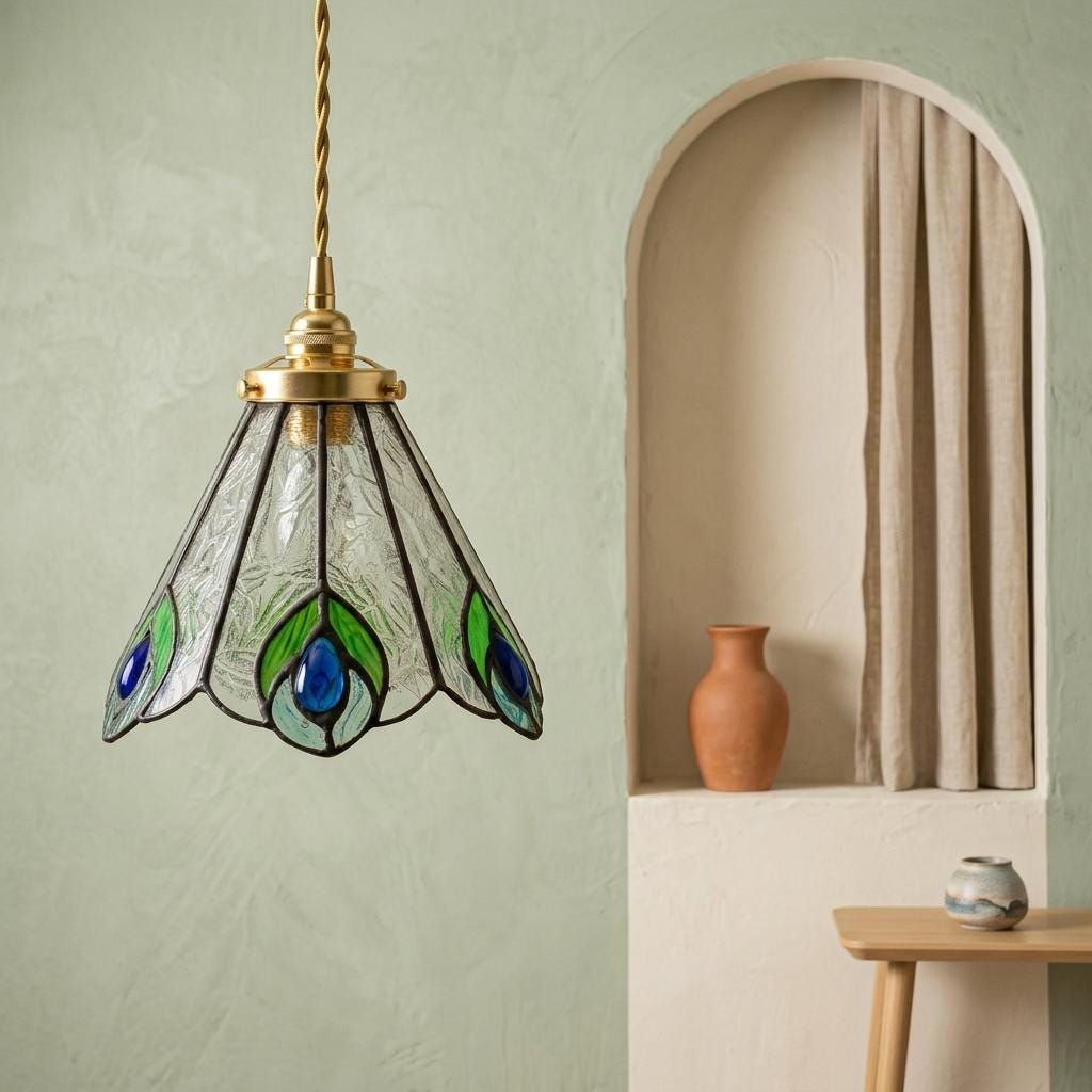 Green and Blue Feather-Eye Tiffany-Inspired Pendant Light, Pointed Scalloped Bell, Handmade - view 6
