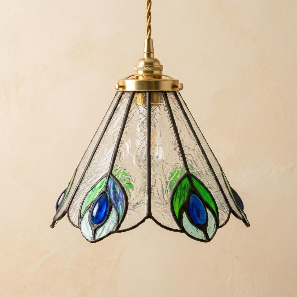 Green and Blue Feather-Eye Tiffany-Inspired Pendant Light, Pointed Scalloped Bell, Handmade - view 4