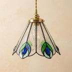 Green and Blue Feather-Eye Tiffany-Inspired Pendant Light, Pointed Scalloped Bell, Handmade - view 4
