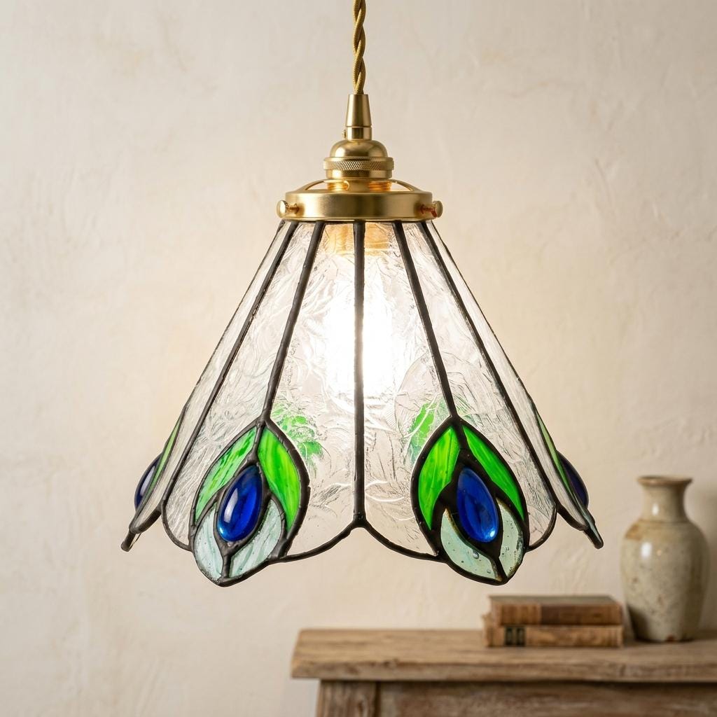 Green and Blue Feather-Eye Tiffany-Inspired Pendant Light, Pointed Scalloped Bell, Handmade - view 9